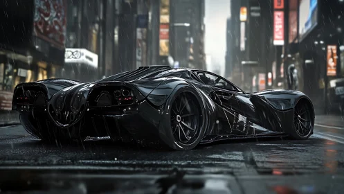 Sleek midnight hypercar prowling through rain-soaked city streets.