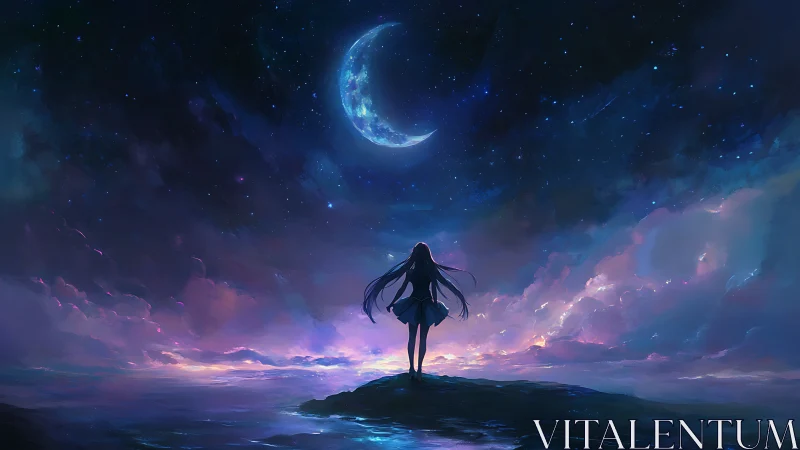 Moonlit dreamer gazes into a vast, glowing night sky