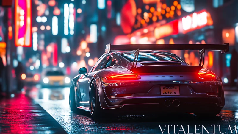 Neon-soaked street racer idling under futuristic city lights.