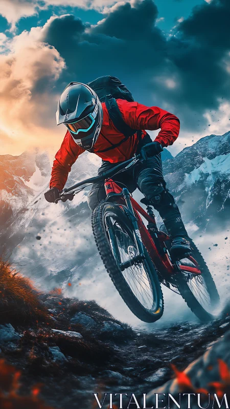 Mountain biker performing aerial maneuver against dramatic cumulus cloud formation