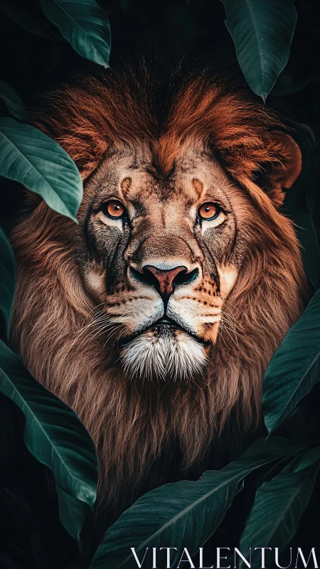 High-contrast lion portrait framed by dark tropical foliage