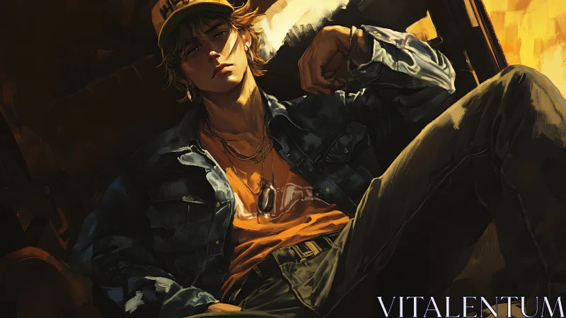 Sunlit drifter slouched in denim shadows and amber haze.