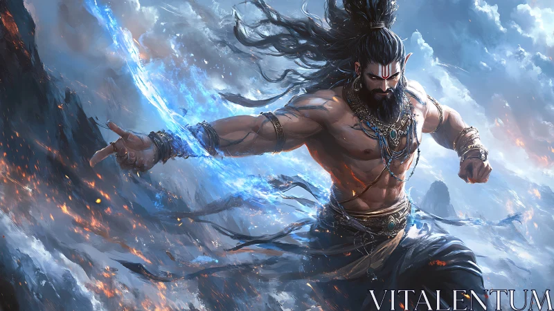 Mythic warrior channels storm energy in icy landscape.