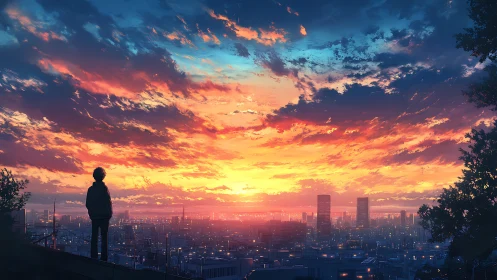 Solitary silhouette watching neon dusk over sprawling city.