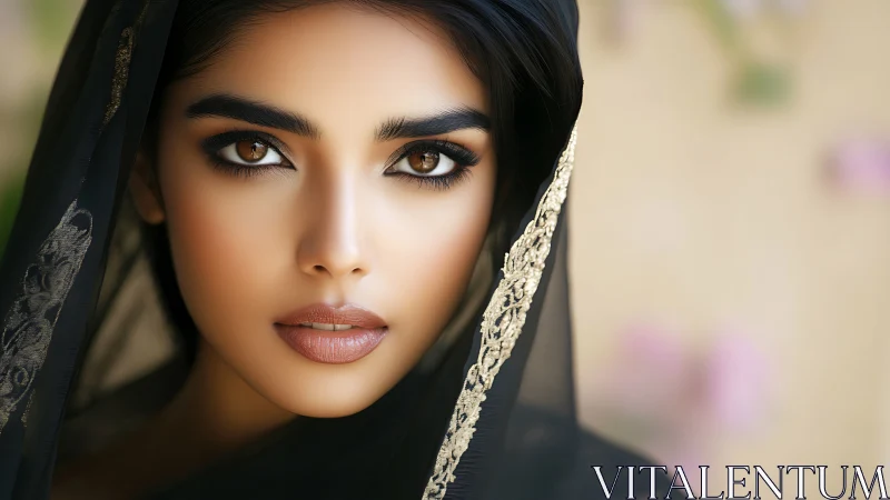 Elegant Woman in Black Veil with Gold Embroidery, Portrait Style.