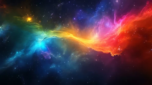 Vivid rainbow nebula arc stretching across deep space.