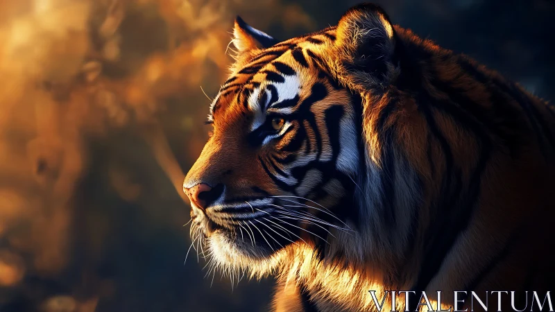 Side-lit tiger portrait in high-contrast optical chiaroscuro.