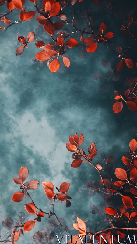 Red foliage branches over teal-toned abstract background.