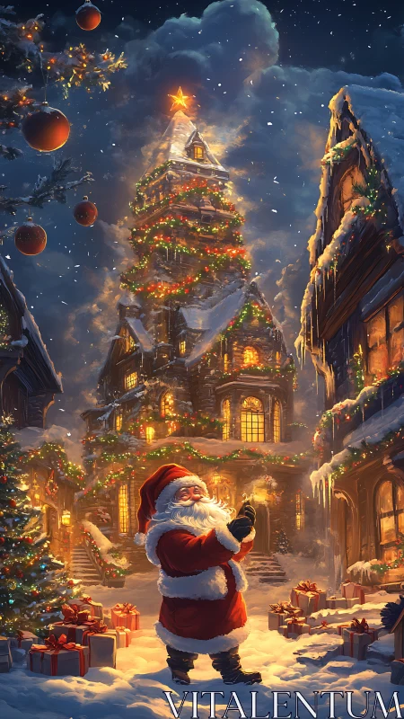 Snow-covered town square with Santa and lit Christmas tree.