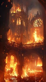 Gothic Cathedral Engulfed in Flames and Fire.