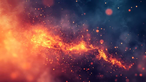 Luminous particle explosion with fire and bokeh effects against dark blue.
