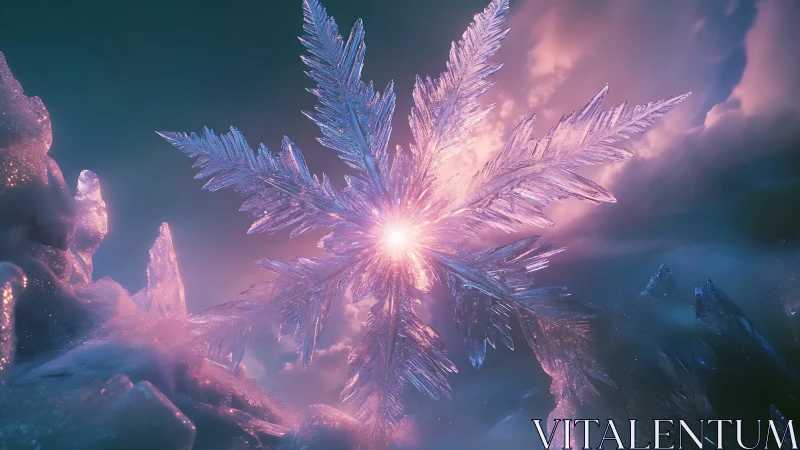 Large crystalline snowflake structure is rendered against sky