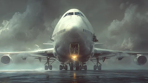 Frontal fog-lit widebody airliner on reflective wet tarmac.