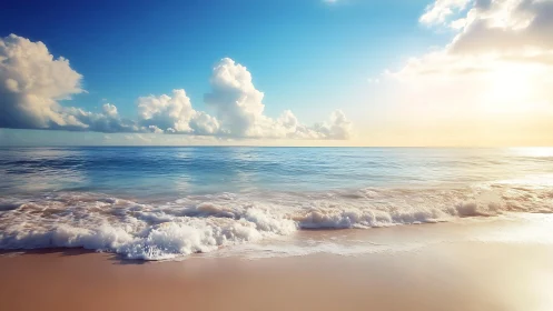 Gentle waves roll onto a sunlit beach under glowing skies