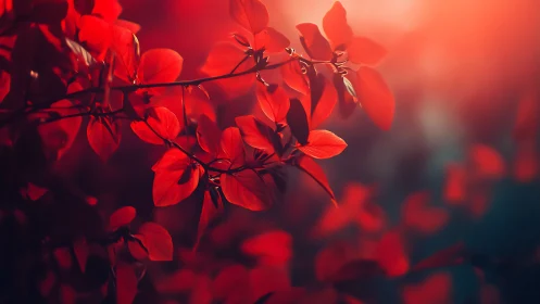 Red leaves in soft glowing light with blurred background.