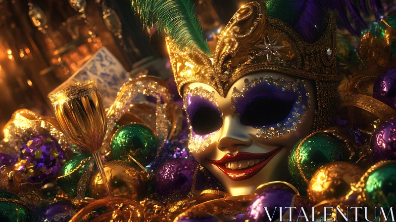 Gilded carnival mask grinning amid jeweled Mardi Gras chaos.