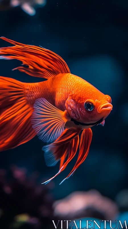 Vibrant orange betta fish in cinematic underwater closeup.