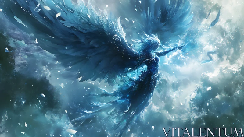 Luminescent winged entity ascends through turbulent icy ether