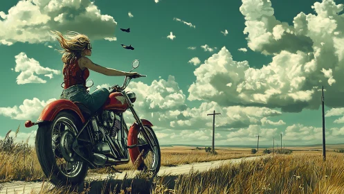 Woman on red motorcycle under vast prairie sky.