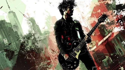 Urban punk guitarist silhouette in abstract grunge cityscape