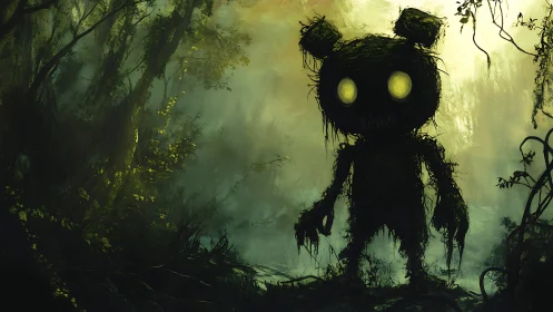 Moss-creature silhouette looms in fog-drenched forest clearing