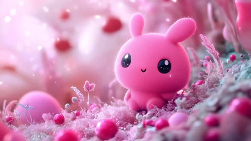 Fluffy pink creature stands in luminous pastel fantasy meadow