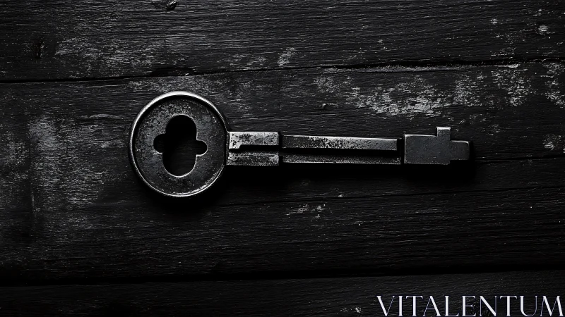 Quiet iron key resting on weathered midnight wood.
