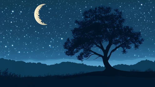 Lunar crescent over silhouetted tree in layered nocturnal landscape.