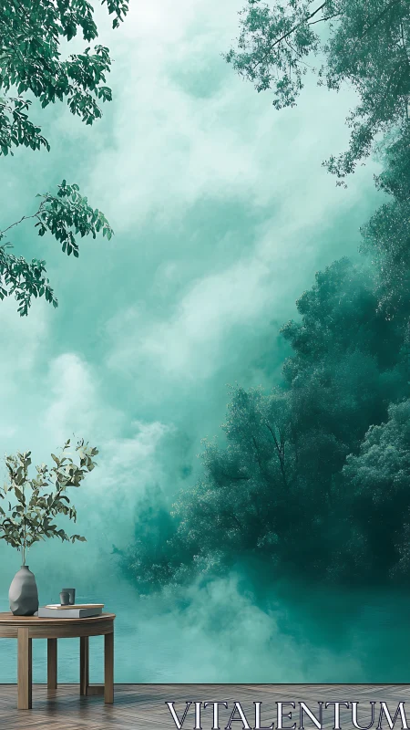 Misty teal forest mural integrates with minimalist interior