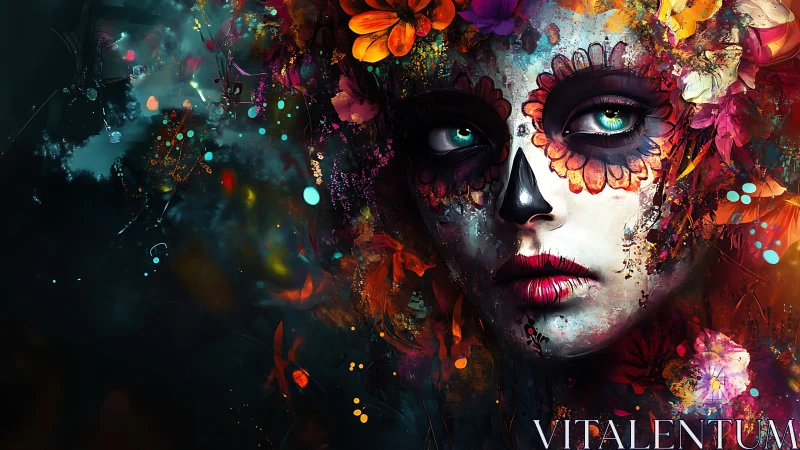 Surreal sugar skull portrait with luminous floral blaze.