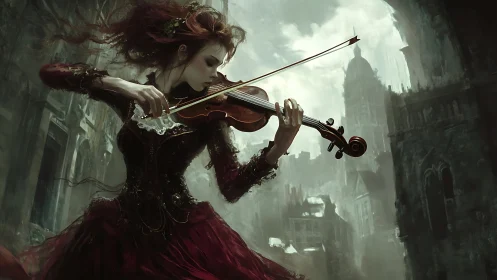 Victorian violinist performs amid gothic ruins in moody chiaroscuro