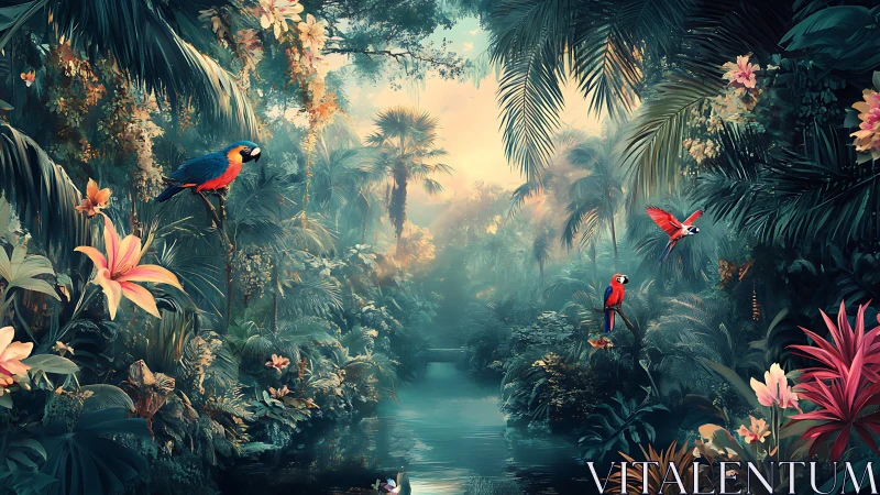 Parrots gossip in a misty neon jungle beside secret waters.