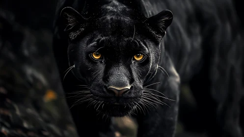 Black panther with golden eyes stares directly forward