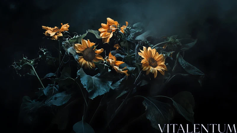 Wilted Sunflowers Against Dark Background.