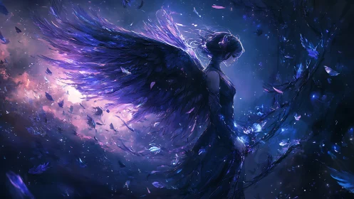 Midnight winged guardian drifting through cosmic starlight.