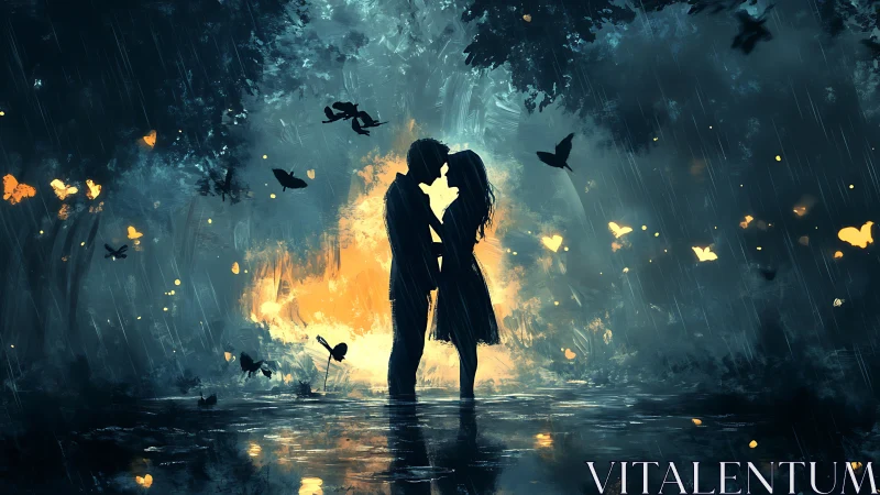 Silhouetted couple kissing amid golden luminescence and rainfall.