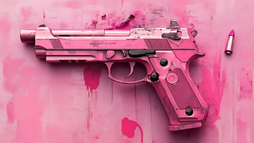 Pink semi-automatic handgun on monochrome painted surface.