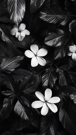 Monochromatic Botanical Study: White Flowers Against Textured Dark Foliage.