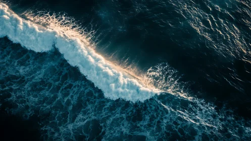 Aerial coastal wavefront with luminous refracted crest dynamics.