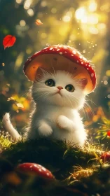 Gentle forest kitten wears a toadstool hat in golden light