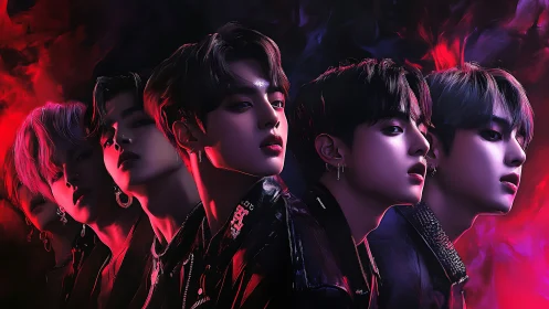 Neon-lit boy band portrait dramatizes cinematic cyber-glam lighting