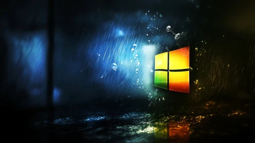 Glowing window logo in cinematic rain-soaked digital space.