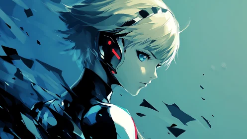 Cyborg heroine in teal-blue shards rendered in dynamic anime
