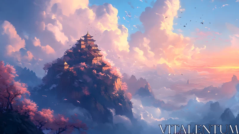 Layered mountain temple complex illuminated by volumetric sunrise light