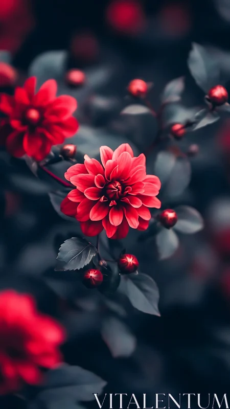 Vibrant Red Dahlias Against Moody Dark Foliage.