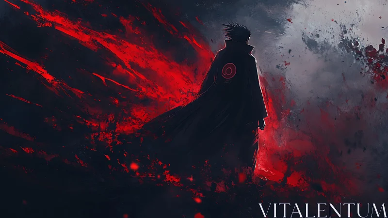 Lone cloaked warrior steps into a storm of red power