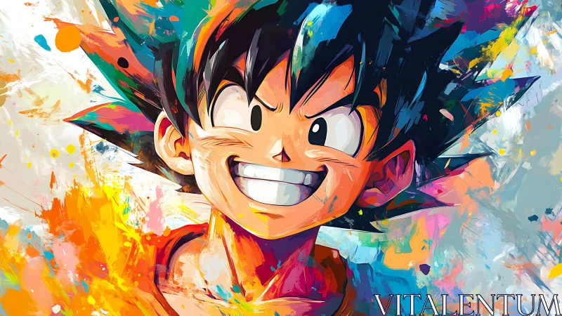 Energetic anime hero amid explosive abstract color bursts.