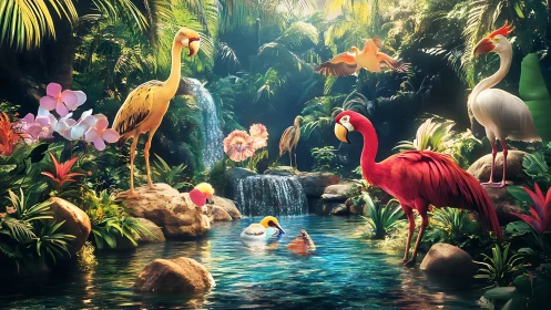 Vibrant tropical birds gather at a glowing jungle waterfall
