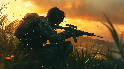 Sunset sniper crouched in blazing reeds of liquid fire.