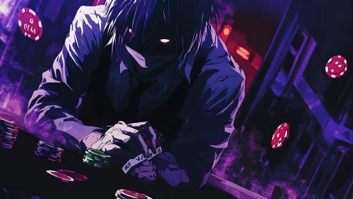 Shadow-lit gambler weighs the night’s final risky play.